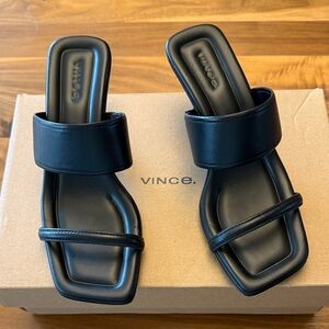 Vince Black Leather Slide Sandals with Double Strap